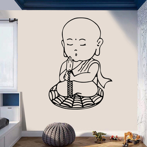 古风小和尚蒲团念经墙贴纸佛教禅意贴画佛堂寺院客厅佛台布置贴纸