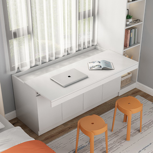 飘窗储物柜收纳抽屉矮柜抽拉式台面窗台柜伸缩书桌书柜一体可定制