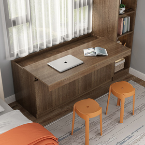 飘窗储物柜收纳抽屉矮柜抽拉式台面窗台柜伸缩书桌书柜一体可定制