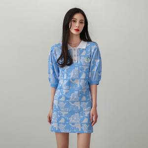素笺2022春季新款女装时尚百搭卡通绣花polo领针织连衣裙3e1e602