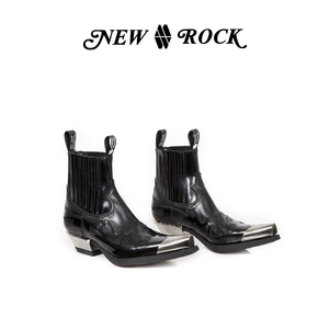New Rock官方正品西班牙手工定制真皮复古金属头西部切尔西牛仔靴