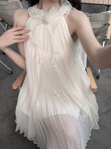 FairyJiang夏季荷叶边白色无袖挂脖雪纺连衣裙短款仙女裙子含胸针