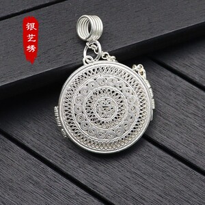 纯银平安鼓可打开太阳鼓吊坠嘎乌盒手工拉丝民族风毛衣链银饰品