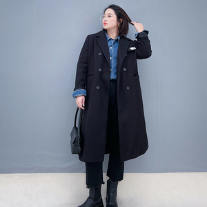 胖mm毛呢外套大码女200斤冬呢子大衣中长款宽松黑色复古西装风衣