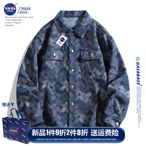 NASA联名满印牛仔外套男春秋季美式潮牌男女情侣衬衫ins翻领夹克