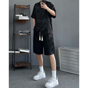 新中式套装冰丝黑色短袖衬衫男夏季薄款两件套中国风龙纹七分短裤
