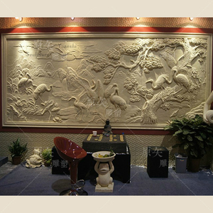 砂岩浮雕定制别墅外墙装饰沙岩石壁画中式酒店仙鹤图迎客松形象墙