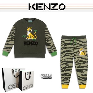 KENZO童装 男童军绿色长袖卫衣运动裤套装 虎斑纹黄色小老虎印花