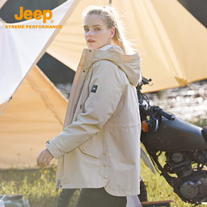 jeep冲锋衣女三合一可拆卸中长款冬季户外大码防风妈妈摇粒绒外套
