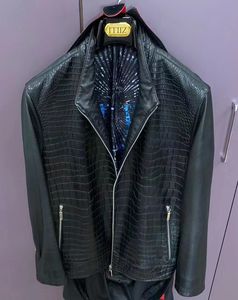 【国内现货】法国zilli男装黑色半鳄鱼皮拼接夹克立领拉链