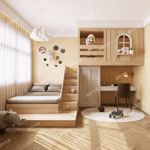 曲庭儿童房定制上下床双层床榻榻米交错式上床下桌衣柜一体高低高