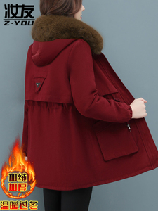 红色小个子派克服女士新款2024冬天袄子加绒外套中年妈妈棉衣棉服