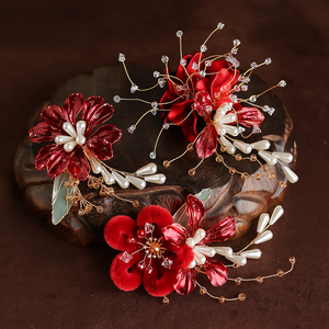 中式新款红色绒花手工新娘头饰敬酒秀禾服龙凤褂婚礼古装发饰伊珞