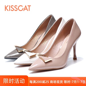 kisscat接吻猫2022春款正品细高跟尖头亮漆牛皮女单鞋ka32122-10