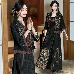 实拍新中式汉服改良女装中国风提花刺绣唐装民族风马面裙三套装