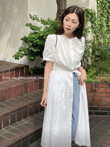 韩国东大门圆领白色单排扣泡泡袖连衣裙2024夏季新款衬衫裙长裙