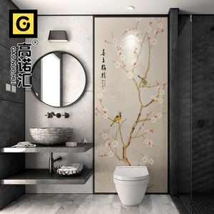 新中式喜上眉梢卫生间马桶背景墙瓷砖淋浴房浴缸定制艺术拼花壁画