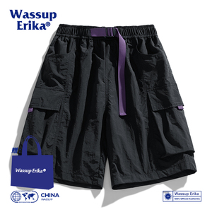 WASSUP ERIKA港风工装黑色短裤男夏季户外运动休闲沙滩五分篮球裤