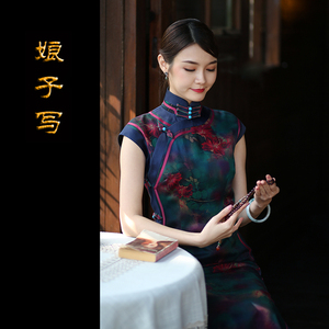 娘子写海澜红唇*40姆米重缎真丝香云纱民国全开襟连肩袖长旗袍春