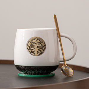 星巴克水杯复古大容量美式陶瓷马克杯情侣对杯高颜值铜章咖啡杯盖