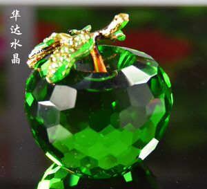 【华达仓】/粉黄绿色水晶玻璃苹果摆件 镶金属枝叶子k9玻璃平果实
