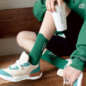绿色袜子女中筒袜外穿潮ins经典三条杠简约春秋款橙色运动风百搭
