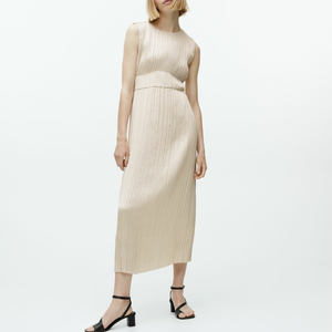 纯元arket早秋无袖圆领百褶压皱香槟青柠绿连衣裙