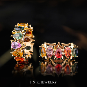 ink珠宝 彩宝系列彩蓝宝满圈戒指18k黄金渐变指环