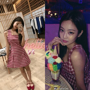 blackpink jennie 金珍妮ins同款红色格子连衣裙减龄小性感夏季裙
