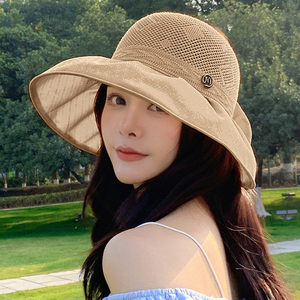 薄款空顶帽女夏季防晒蝴蝶结大檐太阳帽防紫外线字母遮阳渔夫帽子