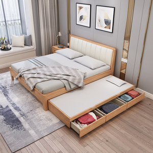 北欧1.8米双人床榉木实木床1.5米儿童子母床拖床收纳储物床抽拉床