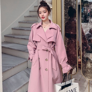粉色风衣女春秋中长款2021年新款韩版宽松温柔系气质过膝外套大衣