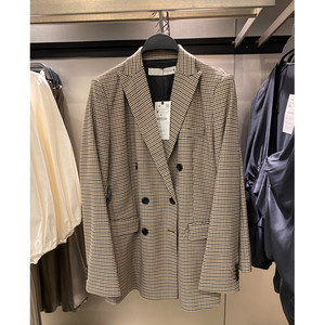 zara kiss 20秋季新款双排扣格子宽松西装外套女2761/051 2761051