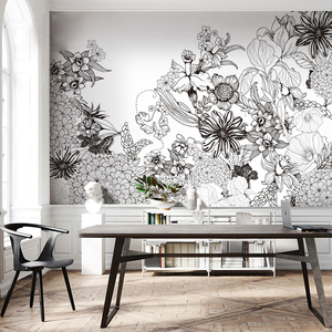 手绘黑白花个性现代简约壁纸无纺布怀旧复古墙纸客厅餐厅定制壁画