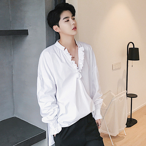 走秀款性感低领长袖衬衫男宽松日系文艺中性风大v领荷叶边衬衣潮