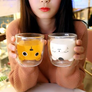 创意熊猫动物隔热双层玻璃水杯家用女可爱学生网红猫爪杯子透明