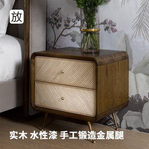 北欧原木复古床头柜收纳抽屉创意床边几轻奢实木卧室家具储物柜