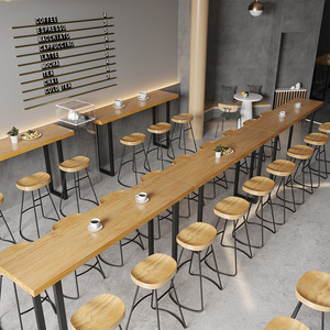 实木吧台桌靠墙一体家用阳台简约长条桌子酒吧奶茶店高脚桌椅组合