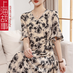 上海故事妈妈装夏装新款连衣裙气质雪纺中老年女人短袖母亲节衣服