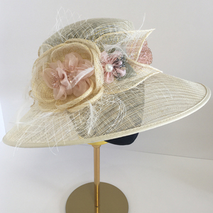 英式大檐水钻花朵亚麻礼帽 宴会礼服装帽子女宫廷复古麻纱装饰帽