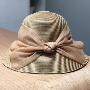 日本纸草帽遮阳渔夫帽蝴蝶结大沿可折叠太阳帽子出游防晒沙滩盆帽