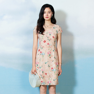 渔牌女装正品fgfb0108春夏新款真丝提花v领短袖连衣裙 吊牌价2376