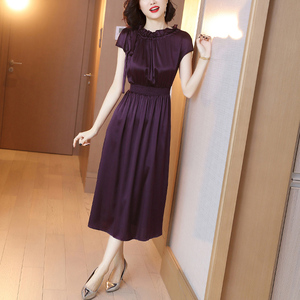 重磅缎面真丝连衣裙女夏季新款立领短袖修身收腰中长款过膝裙子潮