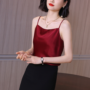 酒红色吊带背心女2021春夏新款缎面百搭显瘦无袖外穿打底衫上衣潮
