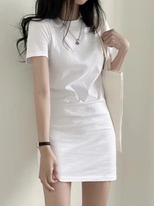 白色t恤连衣裙女短袖春夏纯棉修身包臀裙显瘦中长款百搭打底裙子