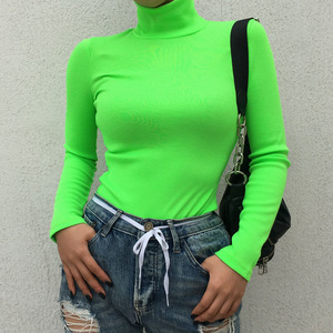 weekeep 欧美风半高领基础荧光绿针织t恤女 ins修身打底长袖上衣