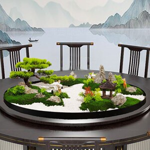 新中式饭店酒店大圆餐桌中间转盘摆花微景观造景摆件创意装饰轻奢