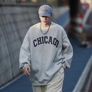 日系复古小领口卫衣男春秋oldschool外套学院风百搭圆领套头衣服