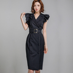 时尚包臀连衣裙2024夏装韩版OL气质西装领双排扣条纹修身职业外套