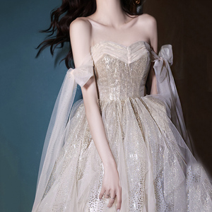 高端晚礼服裙女宴会气质长款香槟色名媛小众轻奢年会主持人仙气冬